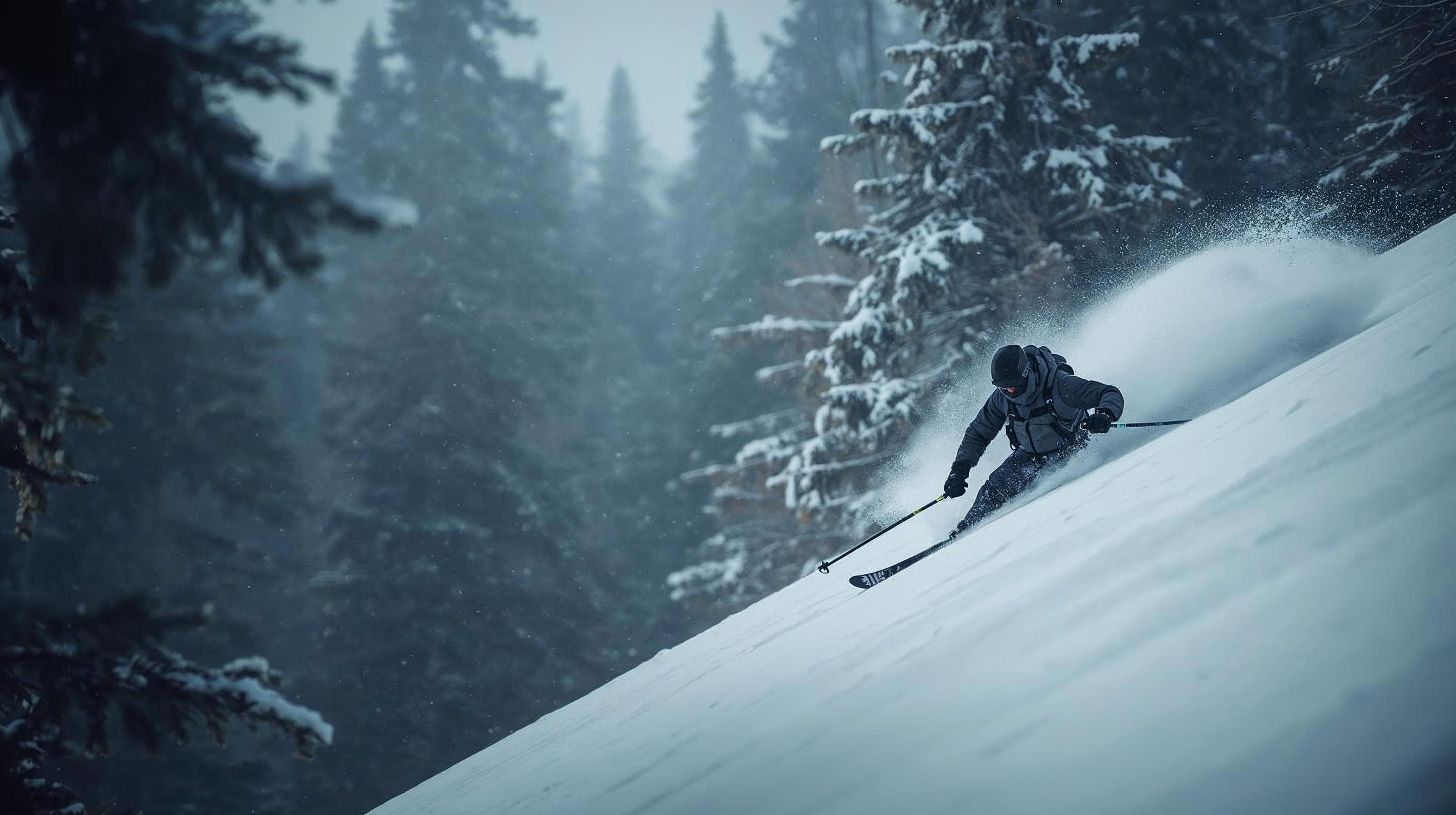 Skier carving through deep powder on a steep slope surrounded by misty snow-covered evergreens